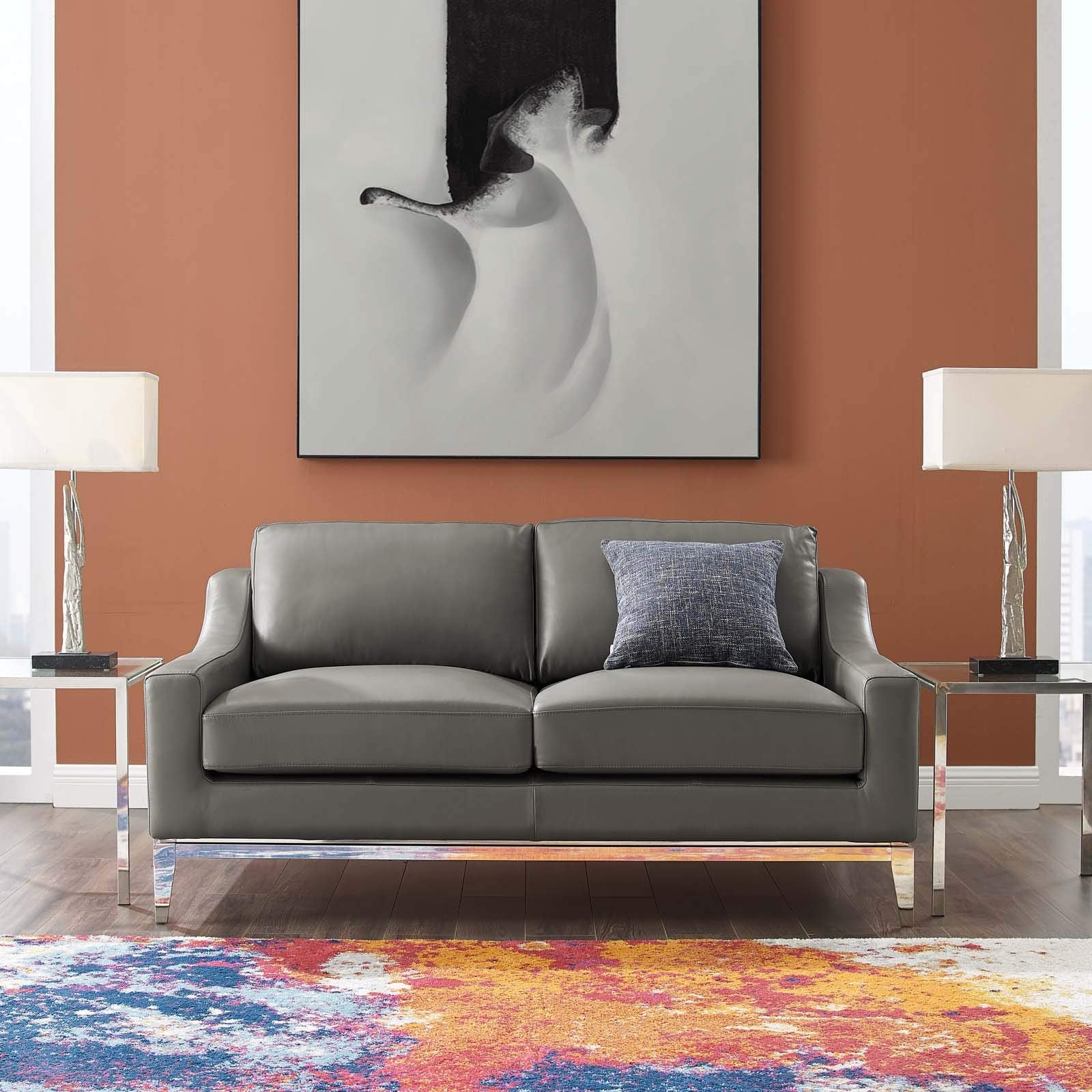 Modway Harness 64" Leather Loveseat In Gray With Stainless Steel Base